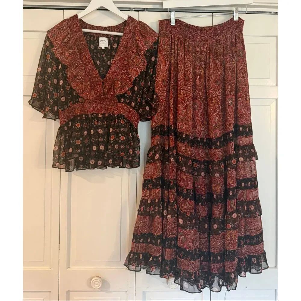 Misa Los Angelous Mia paisley ruffled tiered skirt and top set M - Picture 2 of 12